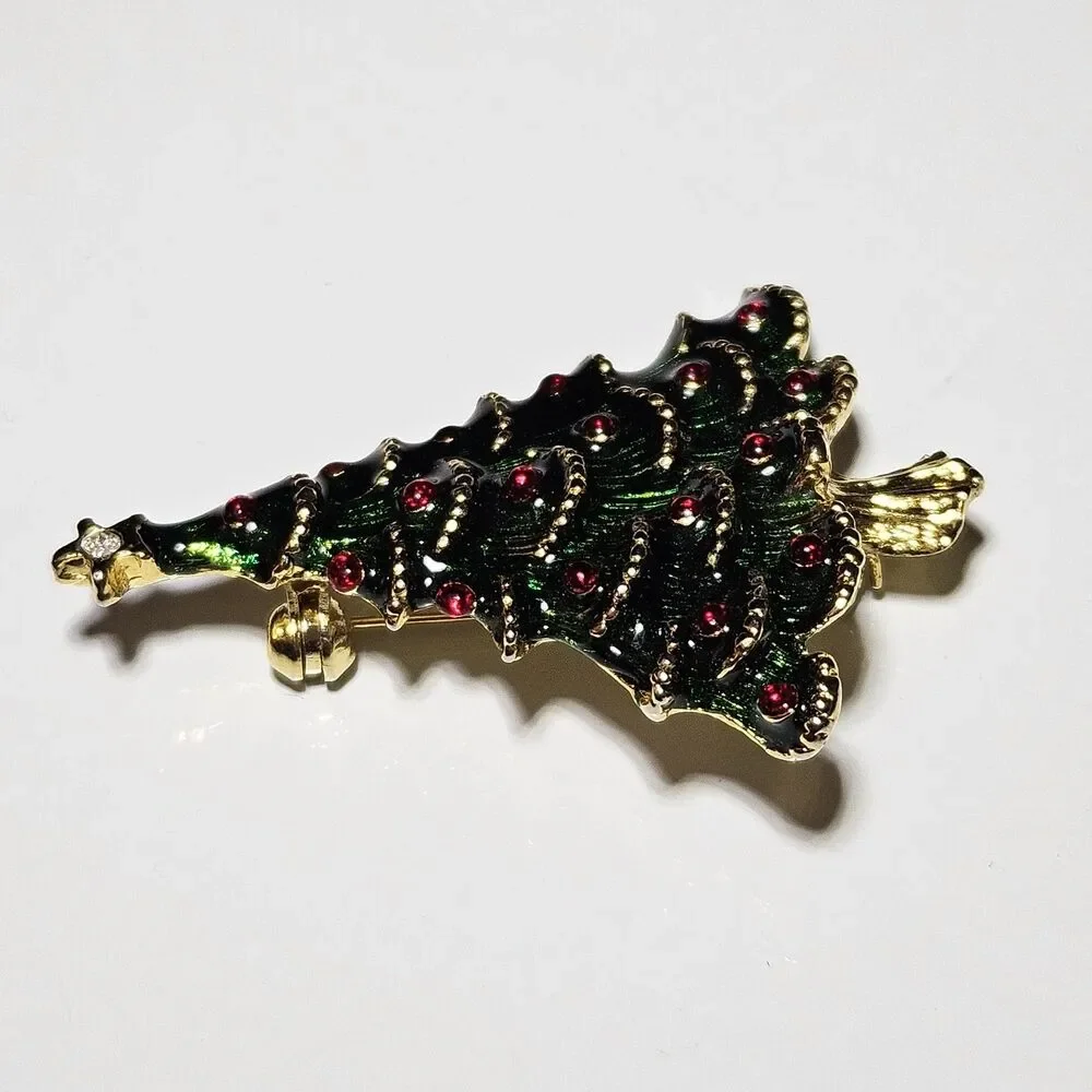 Christmas Tree Green Enamel Gold Tone Vintage Brooch Pin